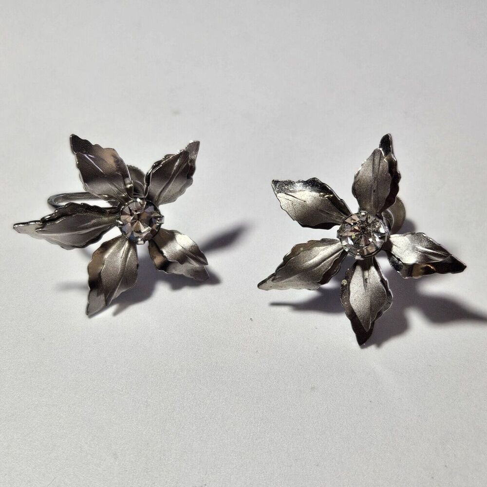 B.N. Signed Brushed Silver Tone 1950's Flower Screw Back Earrings